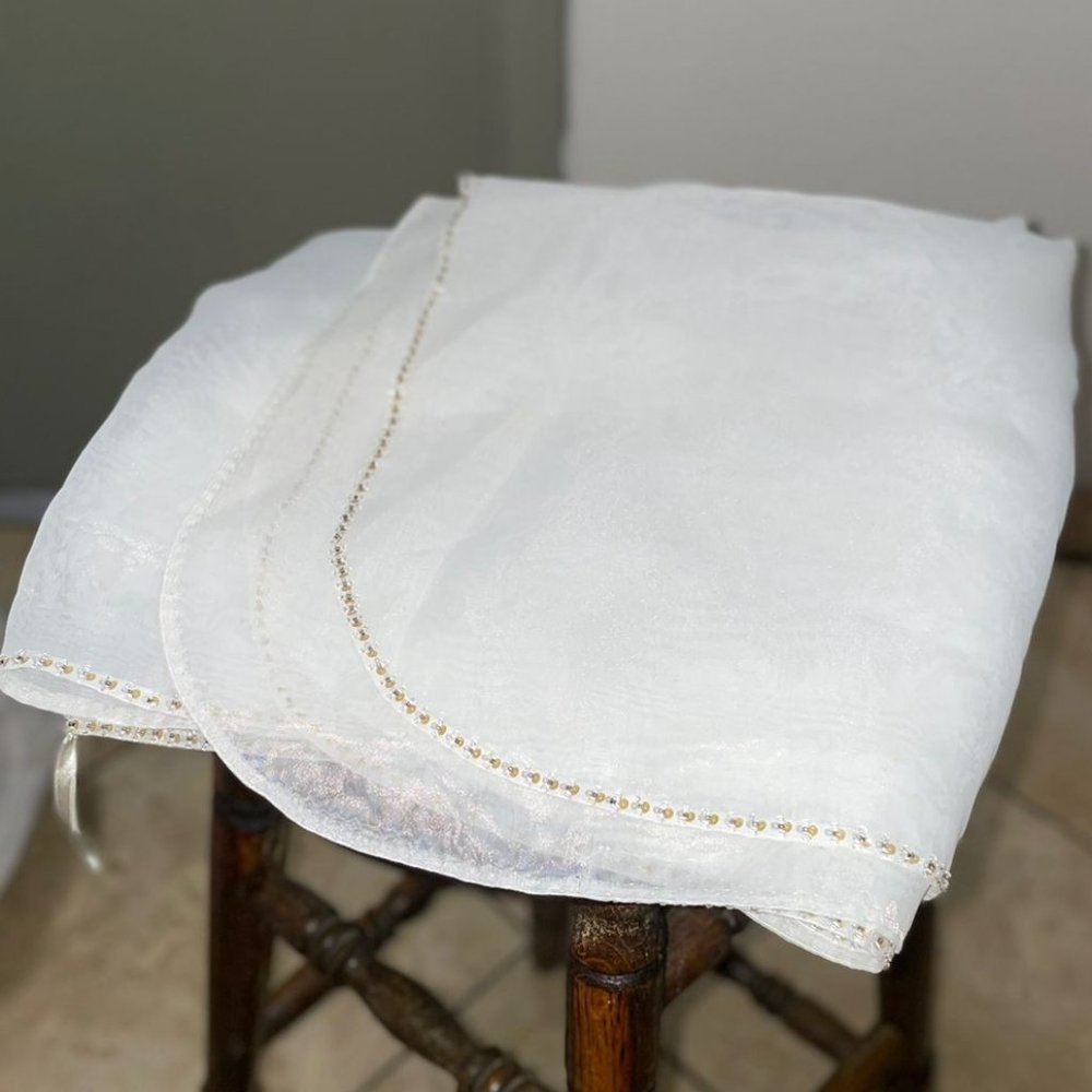 Champagne shawl with shiny stones. Measurements: 90 inches long x 27 inches wide